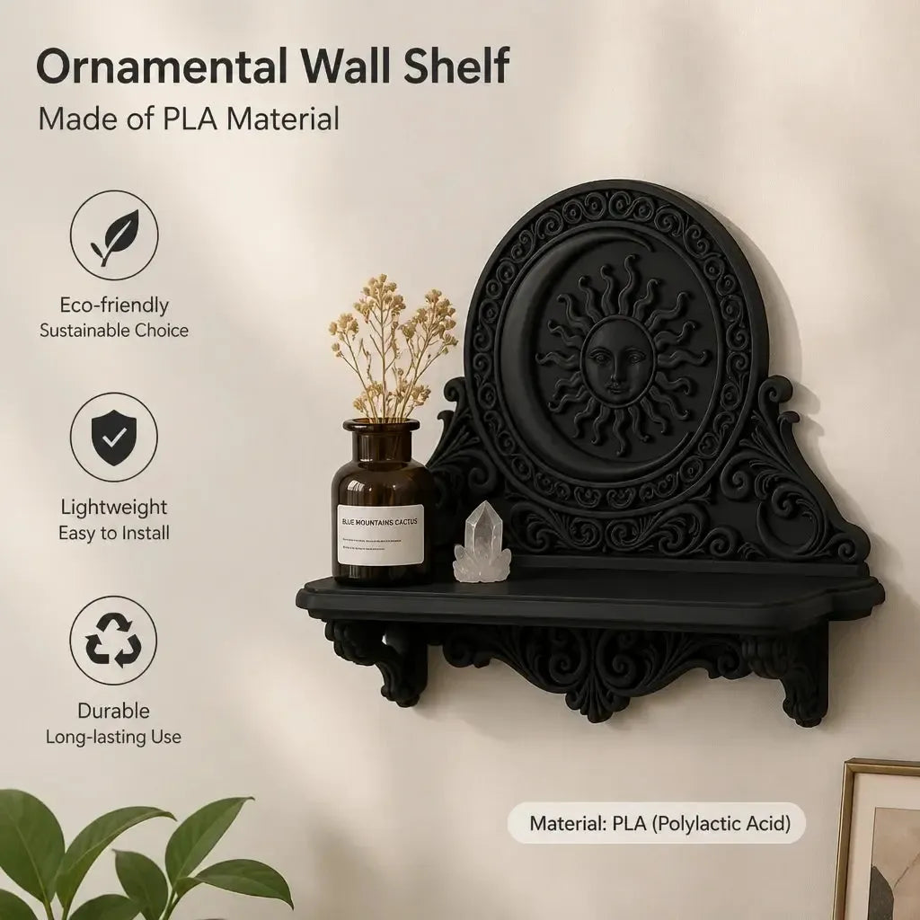 Celestial sun and moon wall shelf with PLA material information