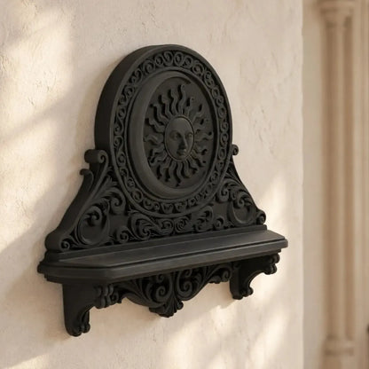 Sun and moon wall shelf angled view showing ornamental scrollwork in a bright gothic room