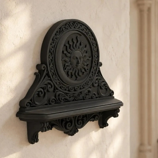 Sun and moon wall shelf angled view showing ornamental scrollwork in a bright gothic room