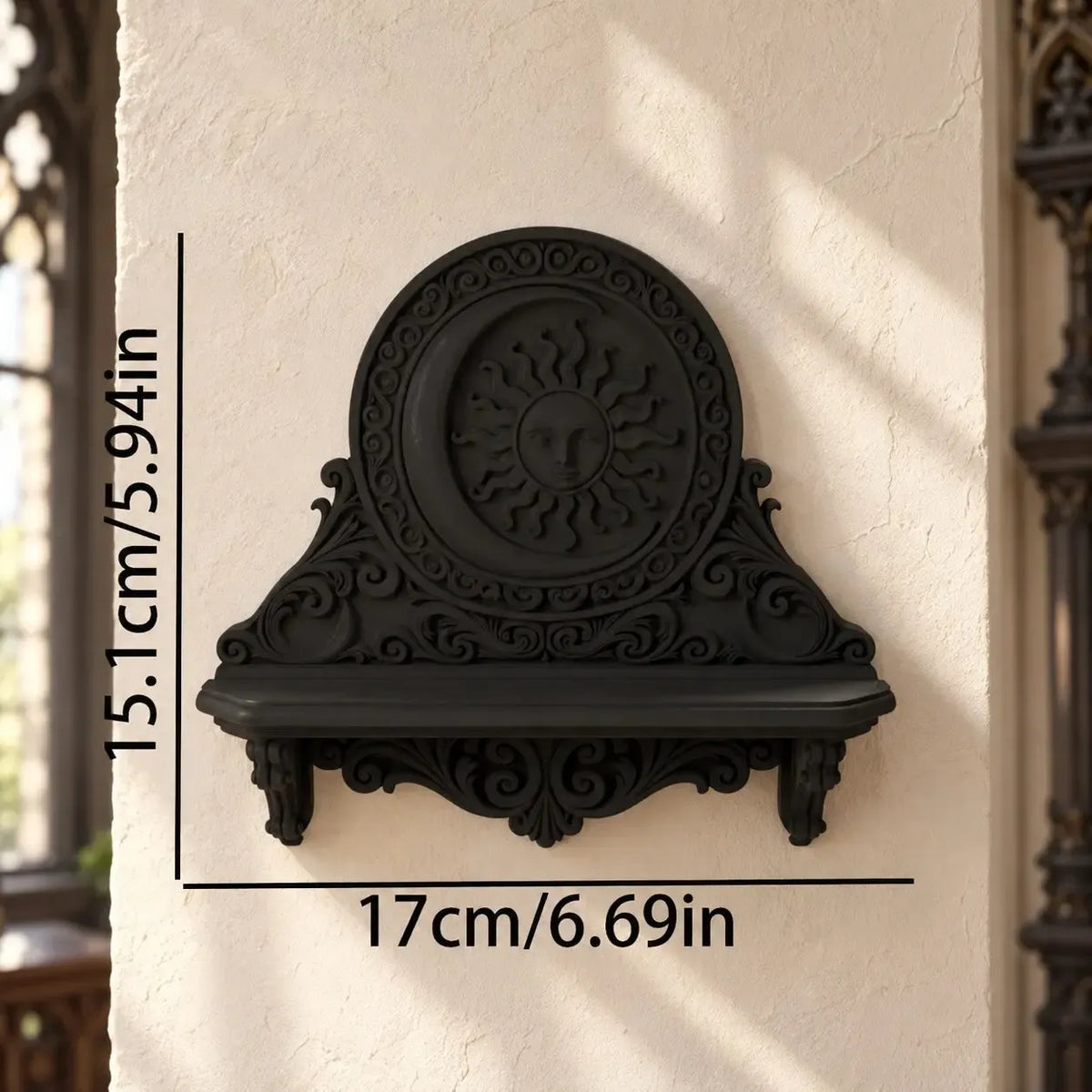 Sun and moon wall shelf dimension diagram, 17 cm wide and 15.1 cm high in a bright gothic room