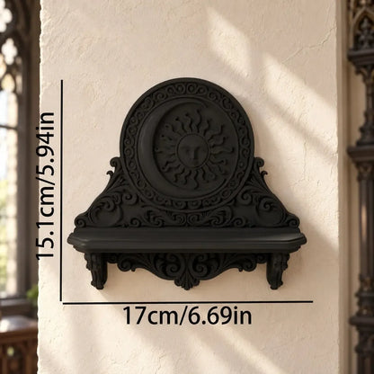 Sun and moon wall shelf dimension diagram, 17 cm wide and 15.1 cm high in a bright gothic room