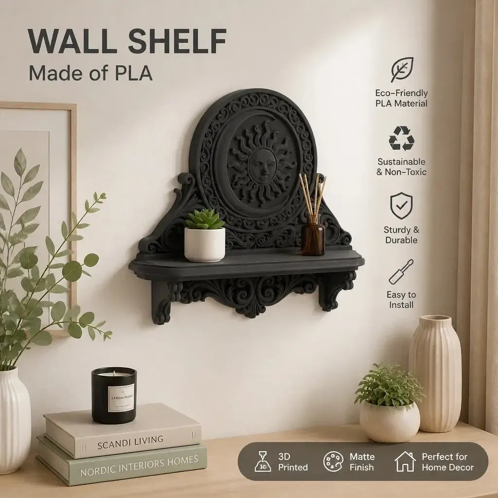 Sun and moon wall shelf displaying a small plant and decorative objects