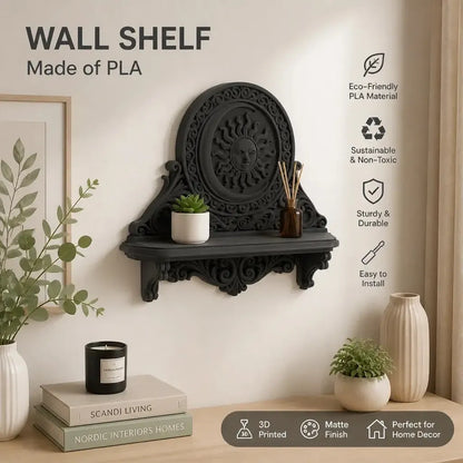 Sun and moon wall shelf displaying a small plant and decorative objects