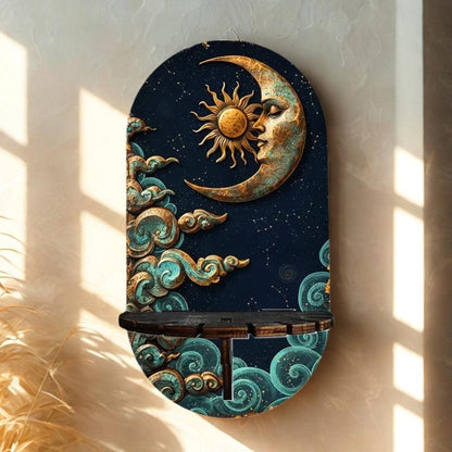 Sun & Moon Wall Shelf for Crystals & Candles – Wooden Mystical Floating Shelf Pagan Altar Decor-MoonChildWorld