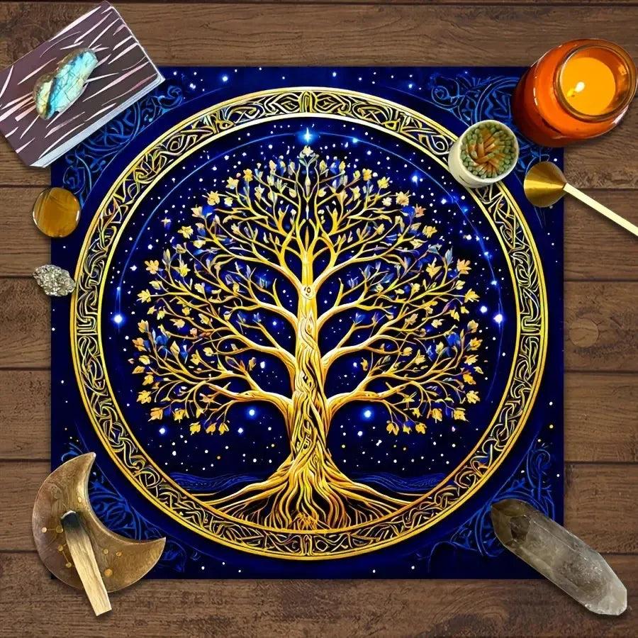 Sun Moon Wicca Divination Cloth Pagan Tree of life Tarot Cards Tablecloth Witchy Cat Altar Cloth-MoonChildWorld