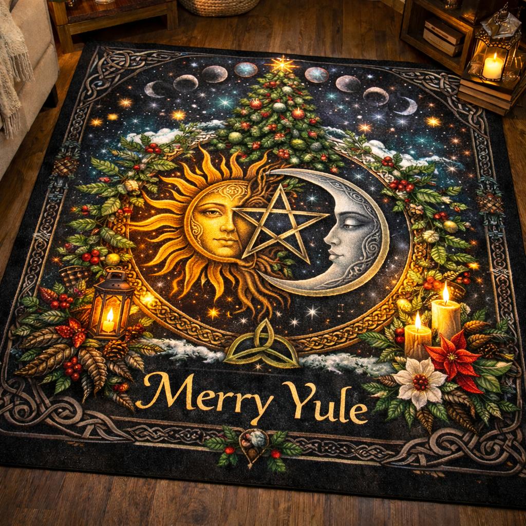 Sun & Moon Wiccan Area Rug for Yule Decor – Celestial Pagan Yule Carpet-MoonChildWorld