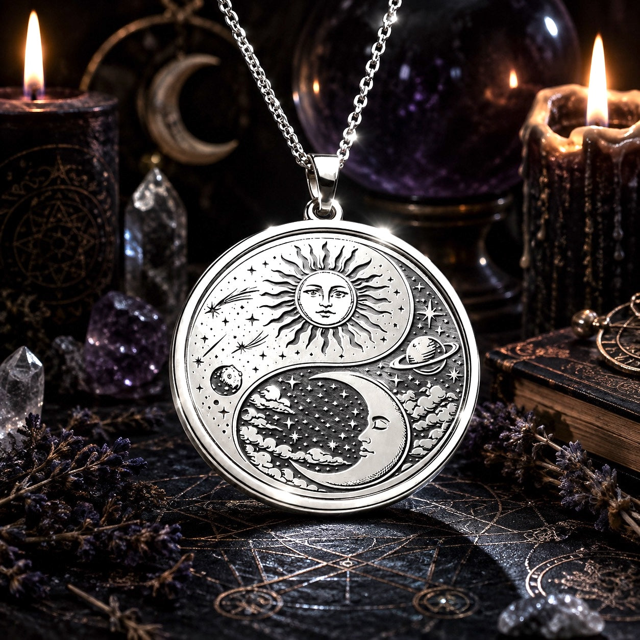 Sun Moon Yin Yang Harmony Pendant Necklace Celestial Charm-MoonChildWorld