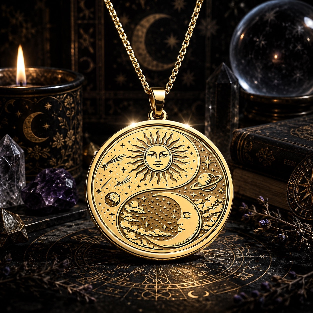 Sun Moon Yin Yang Harmony Pendant Necklace Celestial Charm-MoonChildWorld
