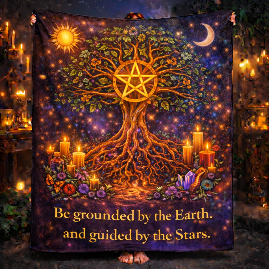 Sun Moon and Pentacle Tree of Life Wicca Blanket Pagan Decor with Cosmic Energy-MoonChildWorld