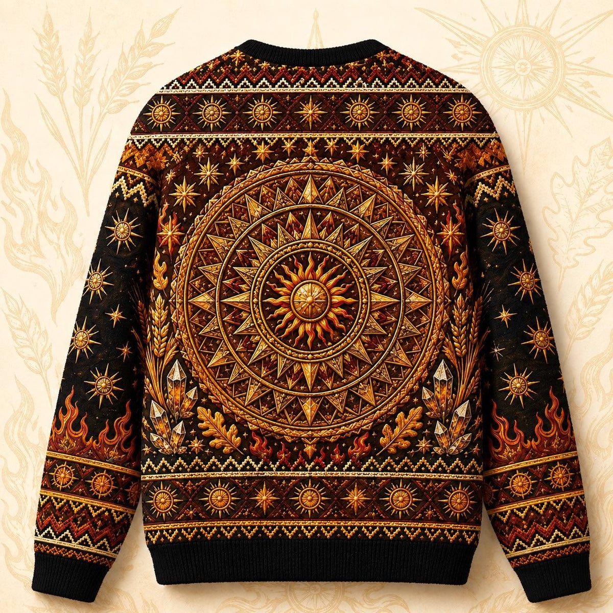 Sun Wheel Sweater Gold Mandala Litha Solstice Fire Knit back view
