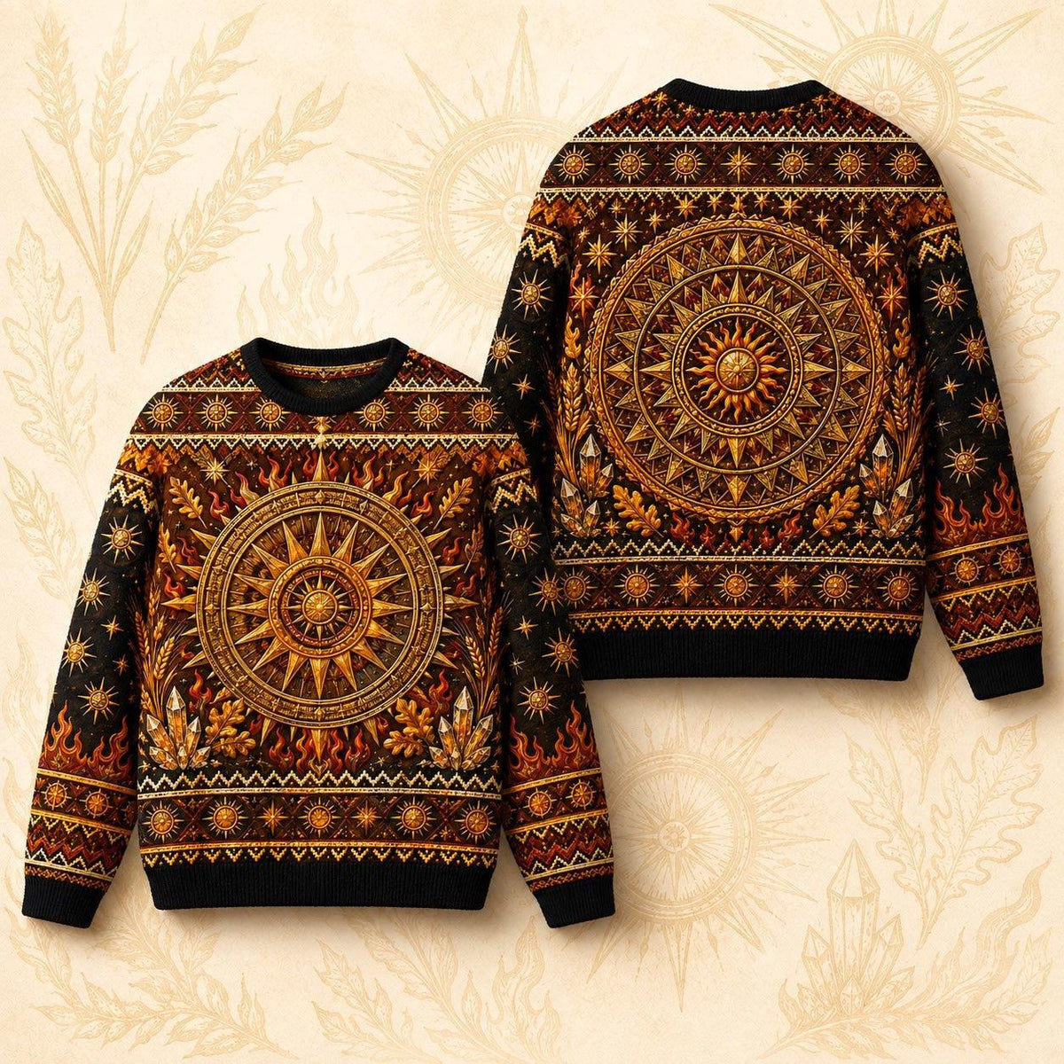Sun Wheel Sweater Gold Mandala Litha Solstice Fire Knit front and back together
