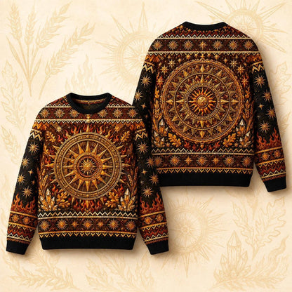 Sun Wheel Sweater Gold Mandala Litha Solstice Fire Knit front and back together