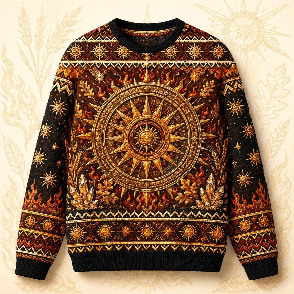 Sun Wheel Sweater Gold Mandala Litha Solstice Fire Knit front view