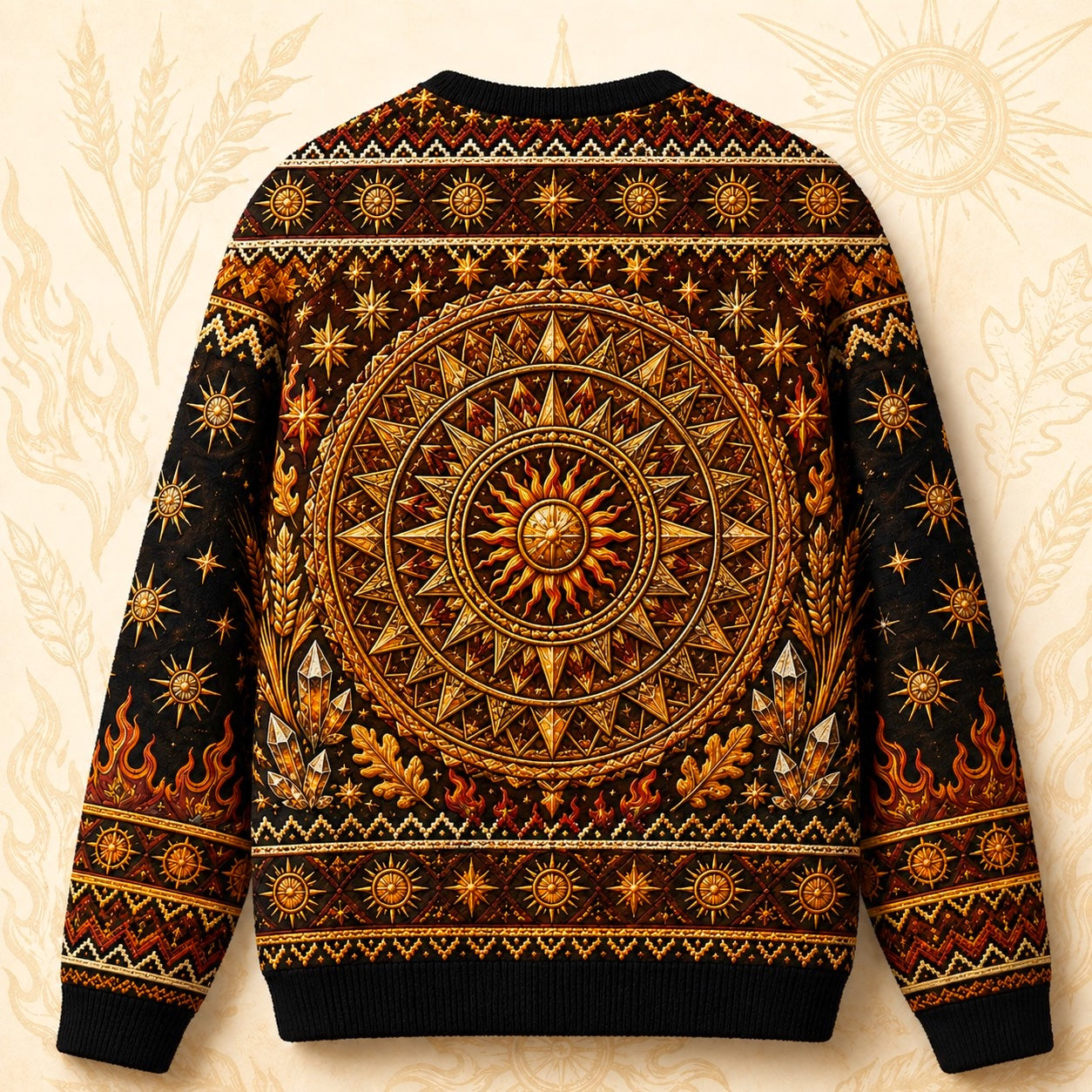 Sun Wheel Sweater Gold Mandala Litha Solstice Fire Knit back view