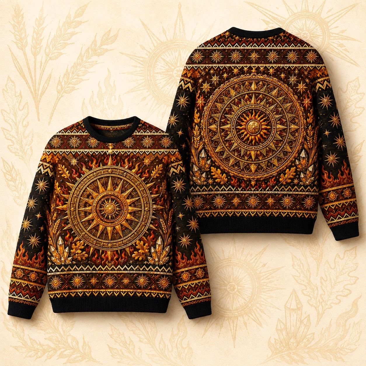 Sun Wheel Sweater Gold Mandala Litha Solstice Fire Knit front and back together