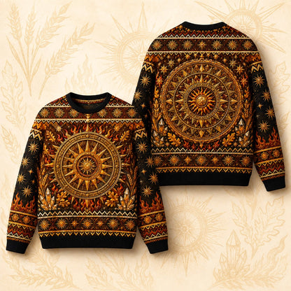 Sun Wheel Sweater Gold Mandala Litha Solstice Fire Knit front and back together