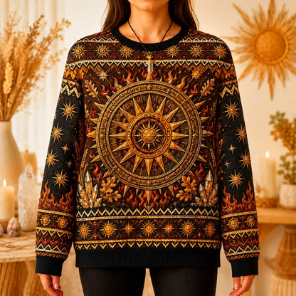 Sun Wheel Sweater Gold Mandala Litha Solstice Fire Knit worn, front view