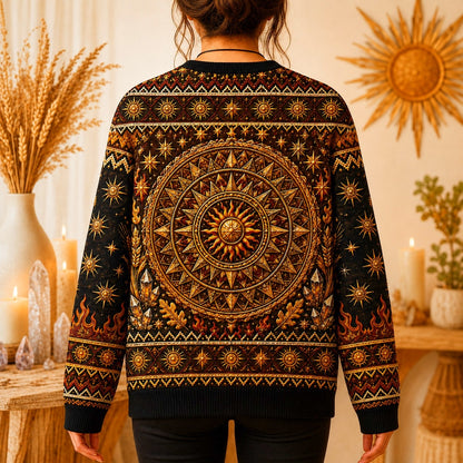Sun Wheel Sweater Gold Mandala Litha Solstice Fire Knit worn, back view