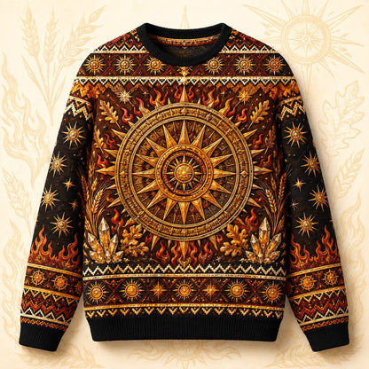 Sun Wheel Sweater Gold Mandala Litha Solstice Fire Knit front view