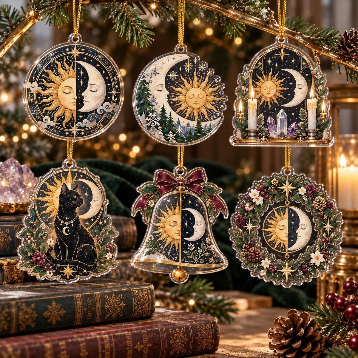 Sun and Moon Celestial Acrylic Ornament Set – Solstice Yule Decor – set of 6, another view