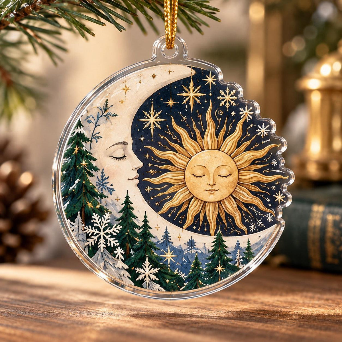 Sun and Moon Celestial Acrylic Ornament Set – Solstice Yule Decor – Winter Crescent Sun ornament
