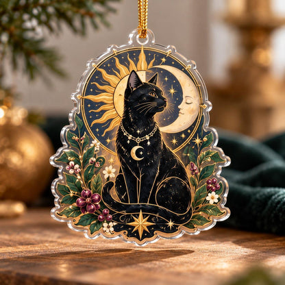 Sun and Moon Celestial Acrylic Ornament Set – Solstice Yule Decor – Black Cat Sun Moon ornament