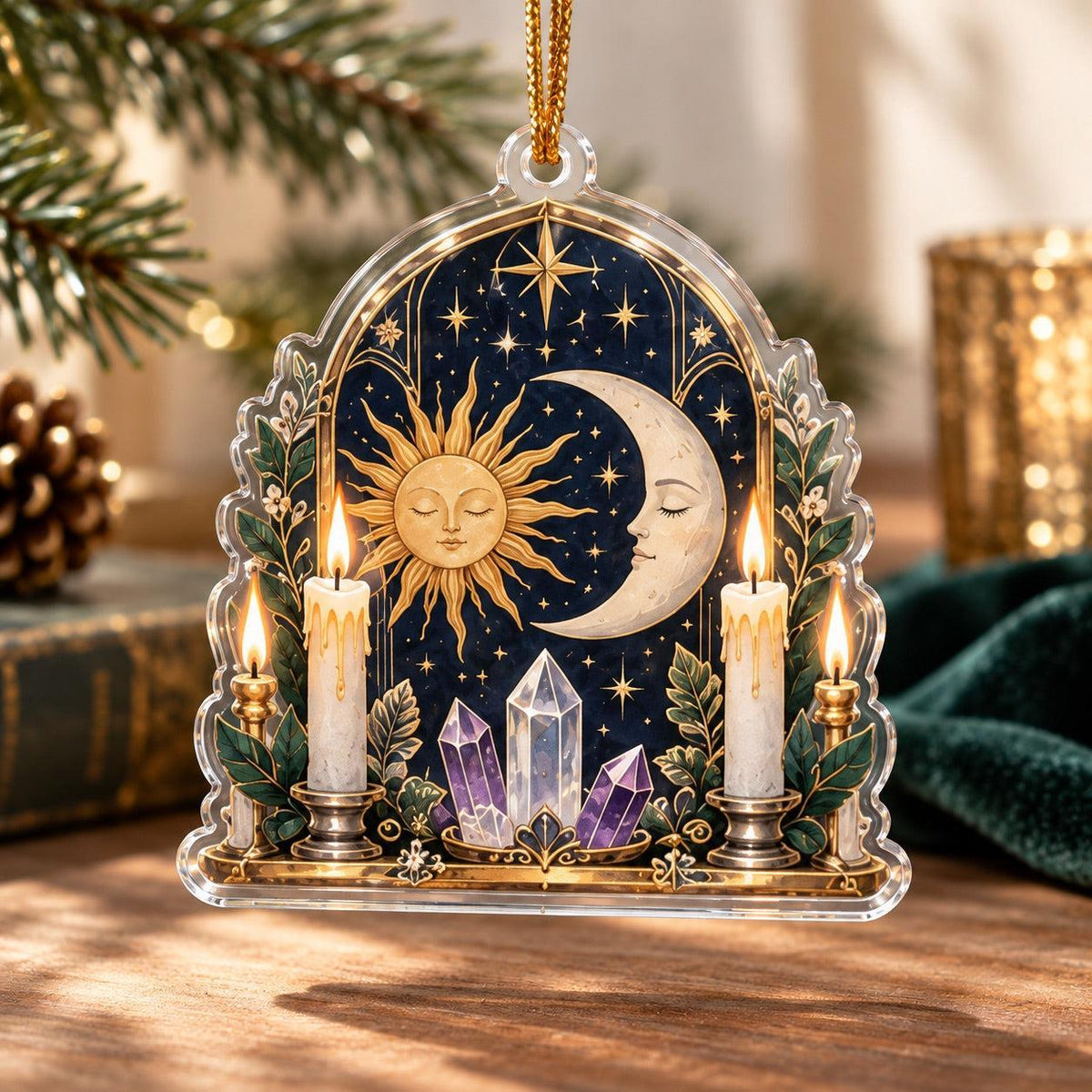 Sun and Moon Celestial Acrylic Ornament Set – Solstice Yule Decor – Candlelit Sun Moon ornament