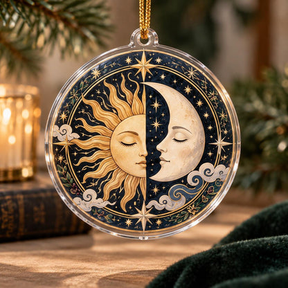 Sun and Moon Celestial Acrylic Ornament Set – Solstice Yule Decor – Sun Moon Medallion ornament