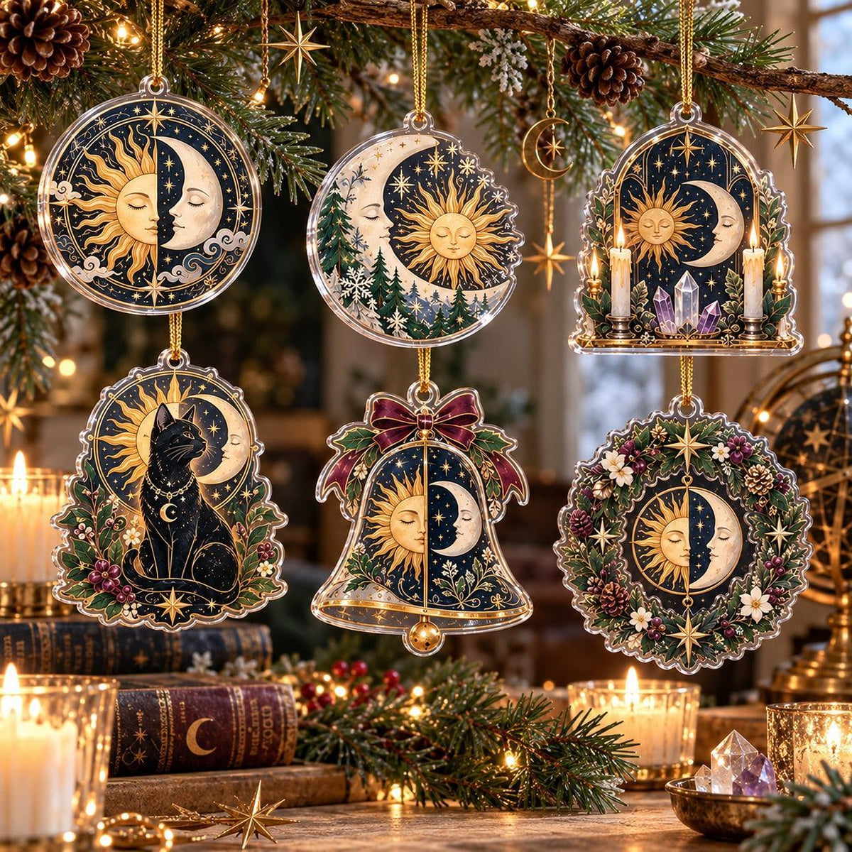 Sun and Moon Celestial Acrylic Ornament Set – Solstice Yule Decor – set of 6, another view