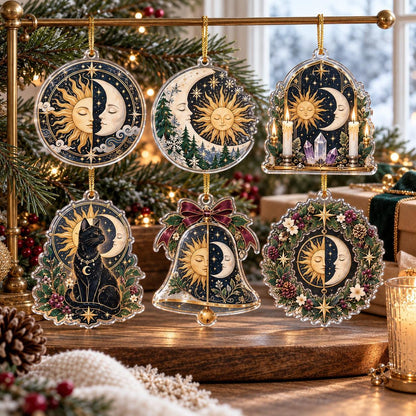 Sun and Moon Celestial Acrylic Ornament Set – Solstice Yule Decor – set of 6 acrylic ornaments