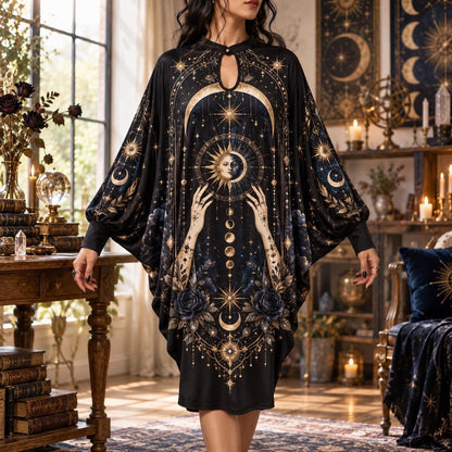 Sun and Moon Celestial Batwing Dress – Gothic Witchy Oracle Midi – worn, front view
