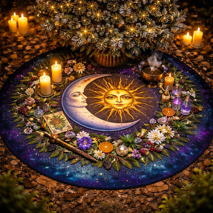 Dark velvet Yule tree skirt with celestial sun and moon, surrounded by candles, flowers, and witchy decor.
