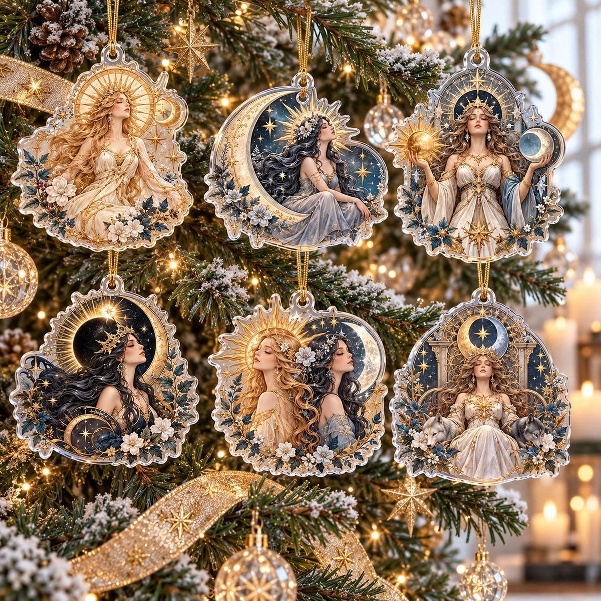 Sun and Moon Goddess Acrylic Ornament Set – Celestial Solstice Decor – set of 6, another view