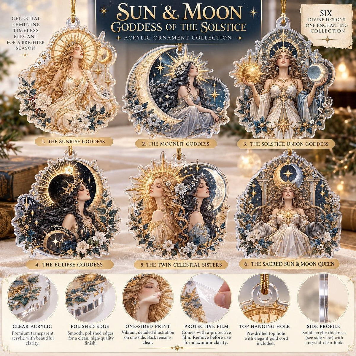 Sun and Moon Goddess Acrylic Ornament Set – Celestial Solstice Decor – ornament size and details