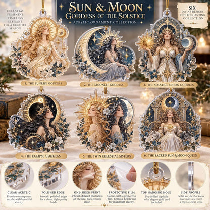 Sun and Moon Goddess Acrylic Ornament Set – Celestial Solstice Decor – ornament size and details