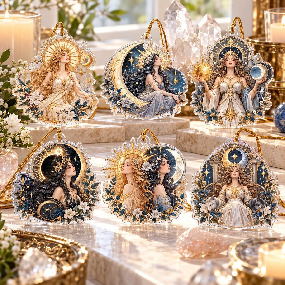 Sun and Moon Goddess Acrylic Ornament Set – Celestial Solstice Decor – set of 6 acrylic ornaments