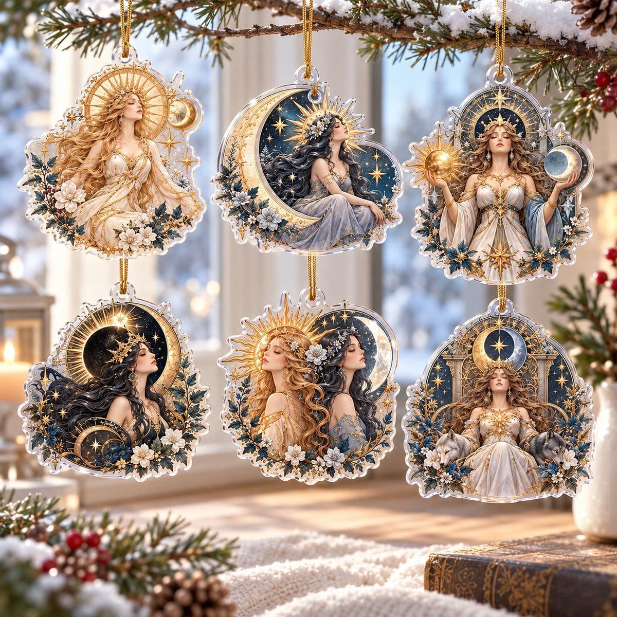 Sun and Moon Goddess Acrylic Ornament Set – Celestial Solstice Decor – set of 6, another view