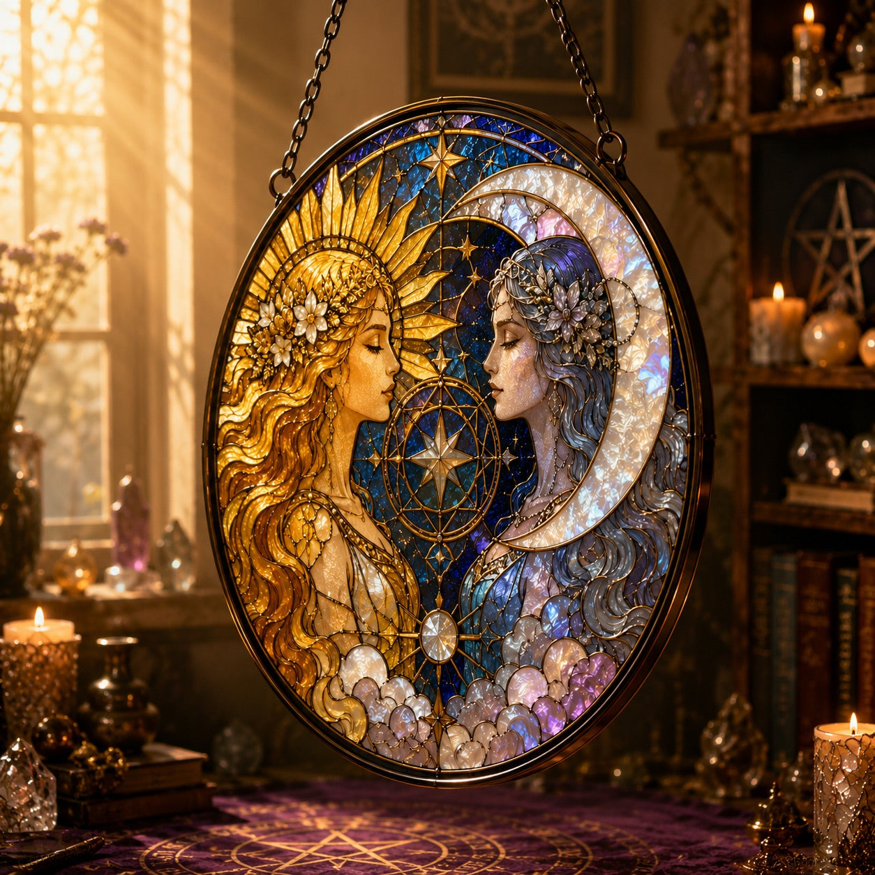 Sun and Moon Goddess Glass Suncatcher - close up detail