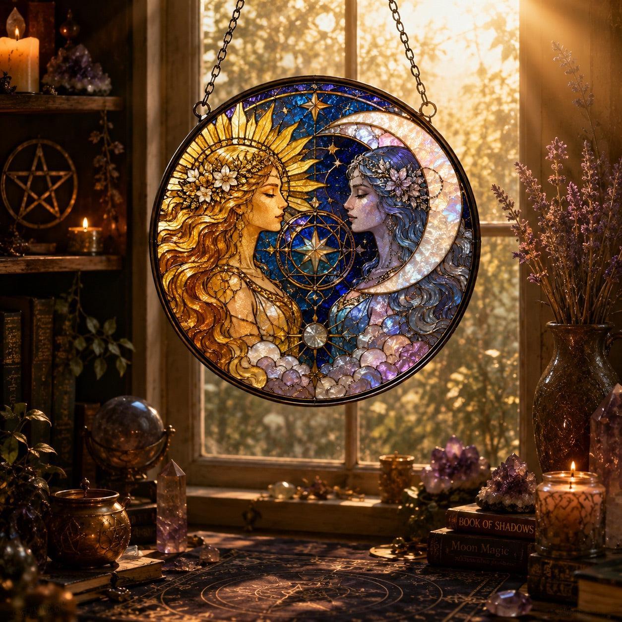 Sun and Moon Goddess Glass Suncatcher - sunlight glow