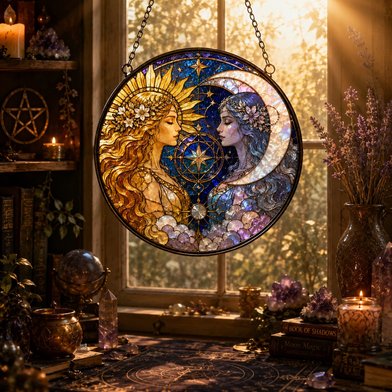 Sun and Moon Goddess Glass Suncatcher - sunlight glow
