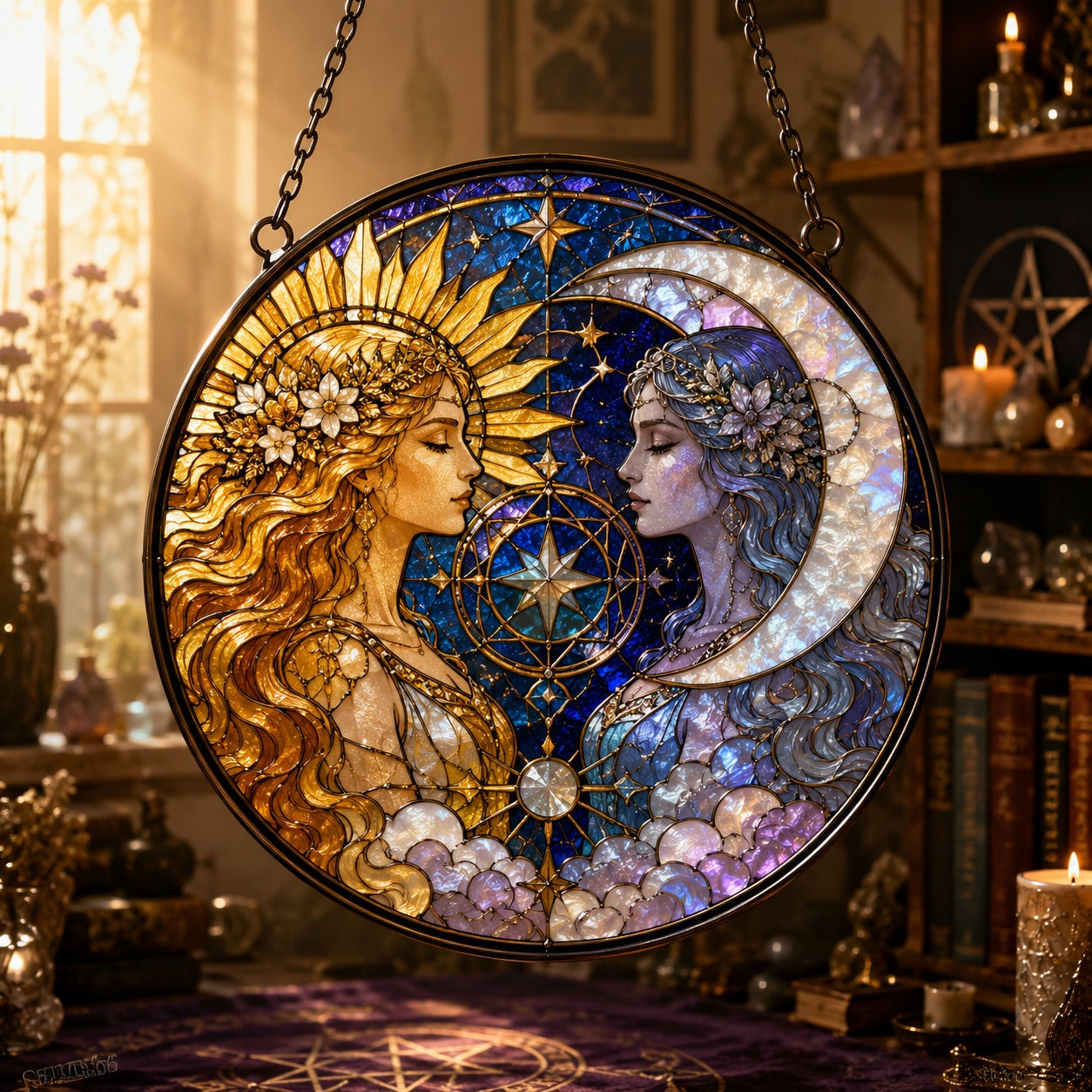 Sun and Moon Goddess Glass Suncatcher - window display