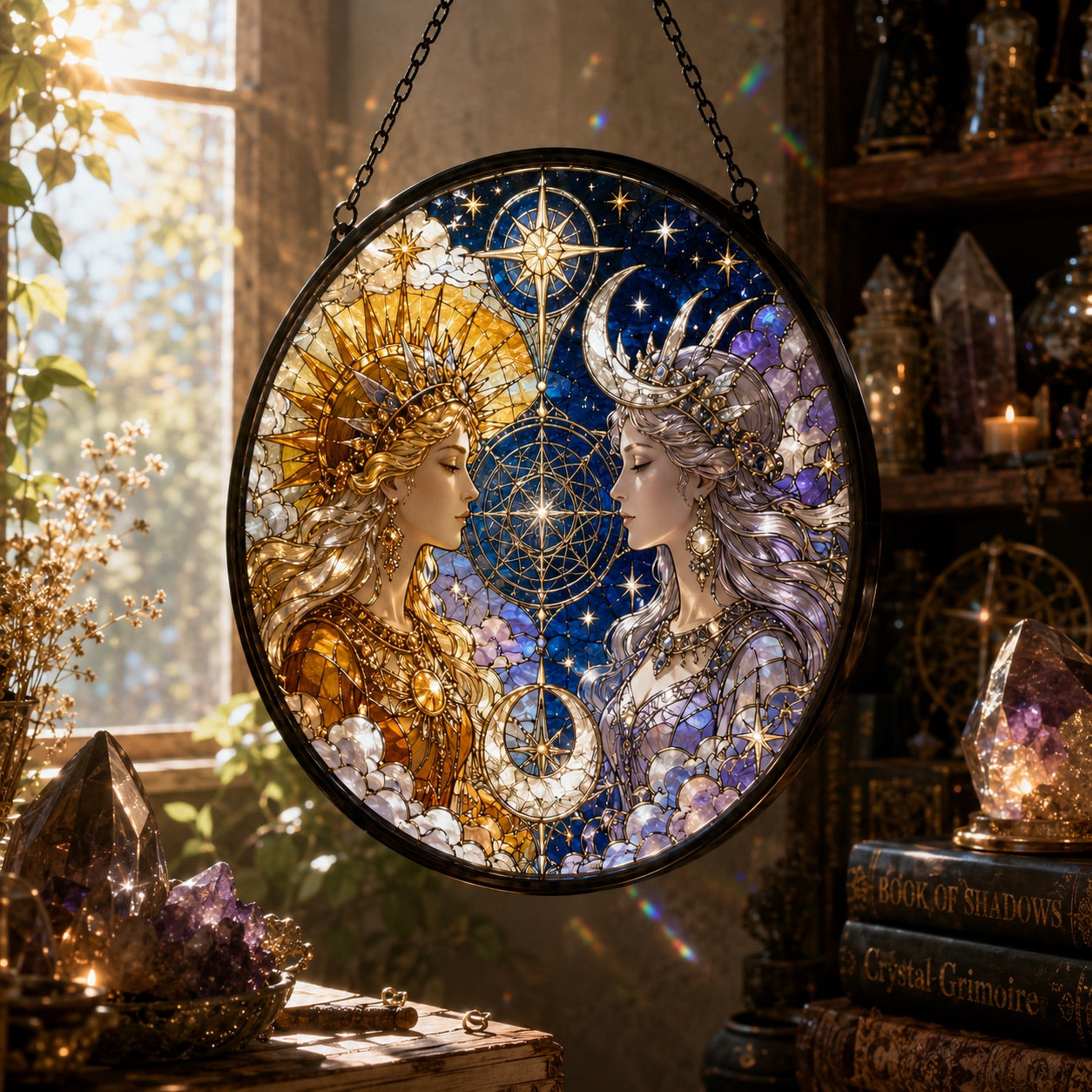 Sun and Moon Goddess Glass Suncatcher - close up detail