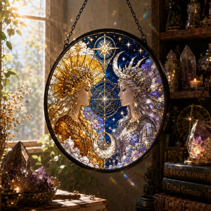 Sun and Moon Goddess Glass Suncatcher - close up detail
