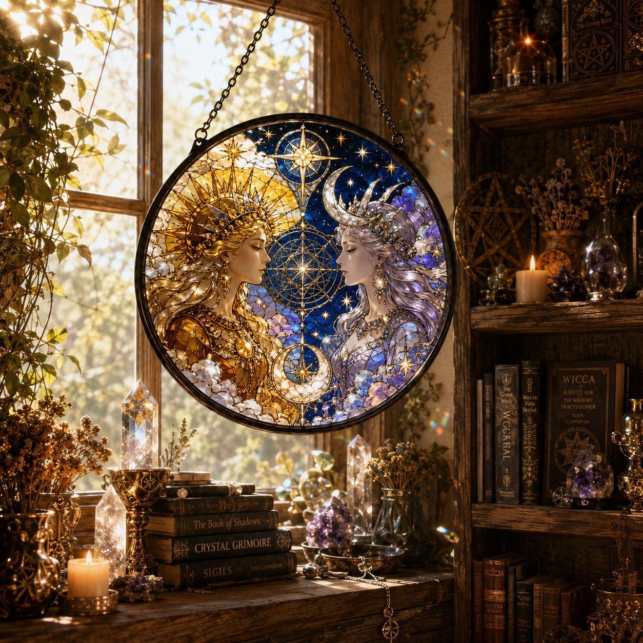 Sun and Moon Goddess Glass Suncatcher - sunlight glow