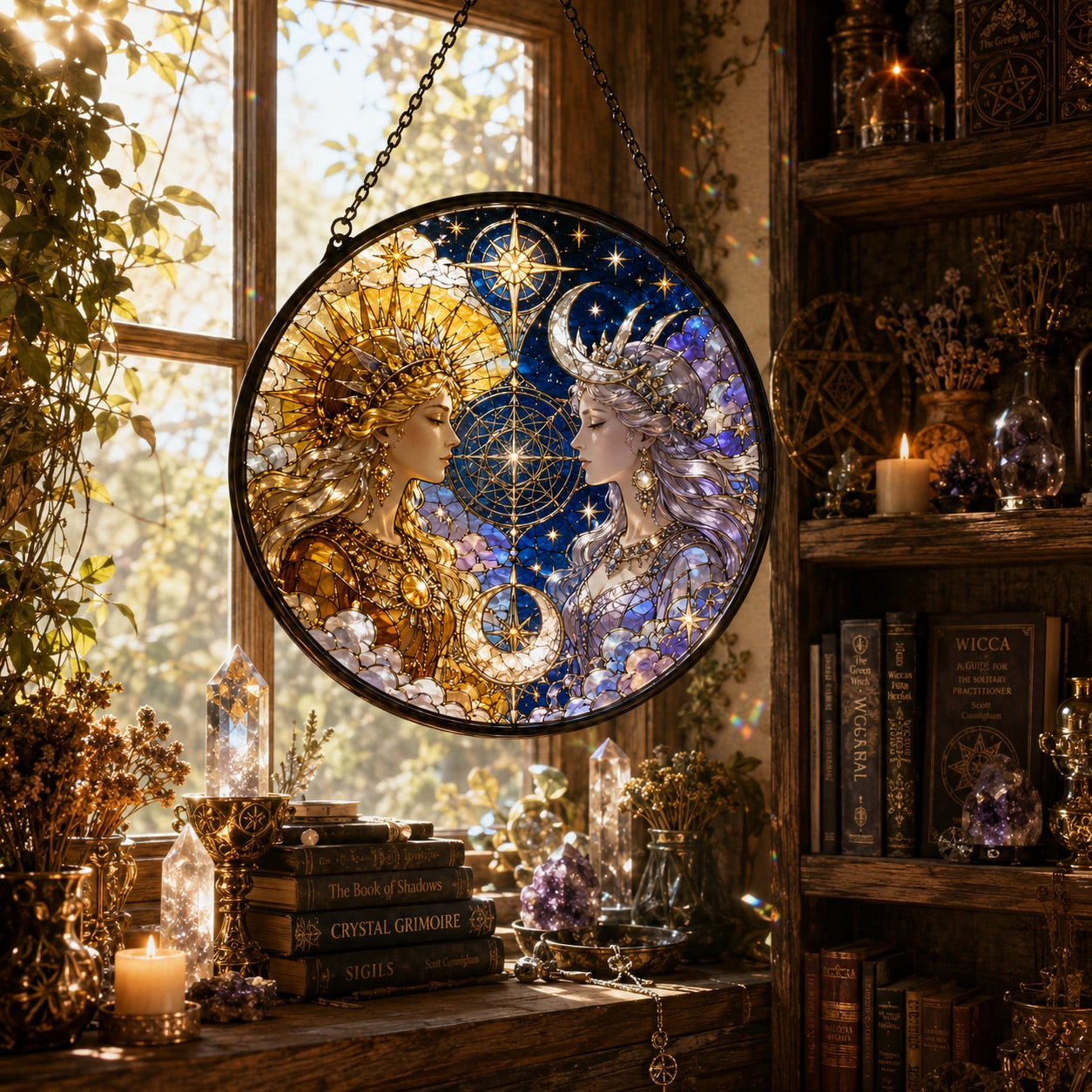 Sun and Moon Goddess Glass Suncatcher - sunlight glow
