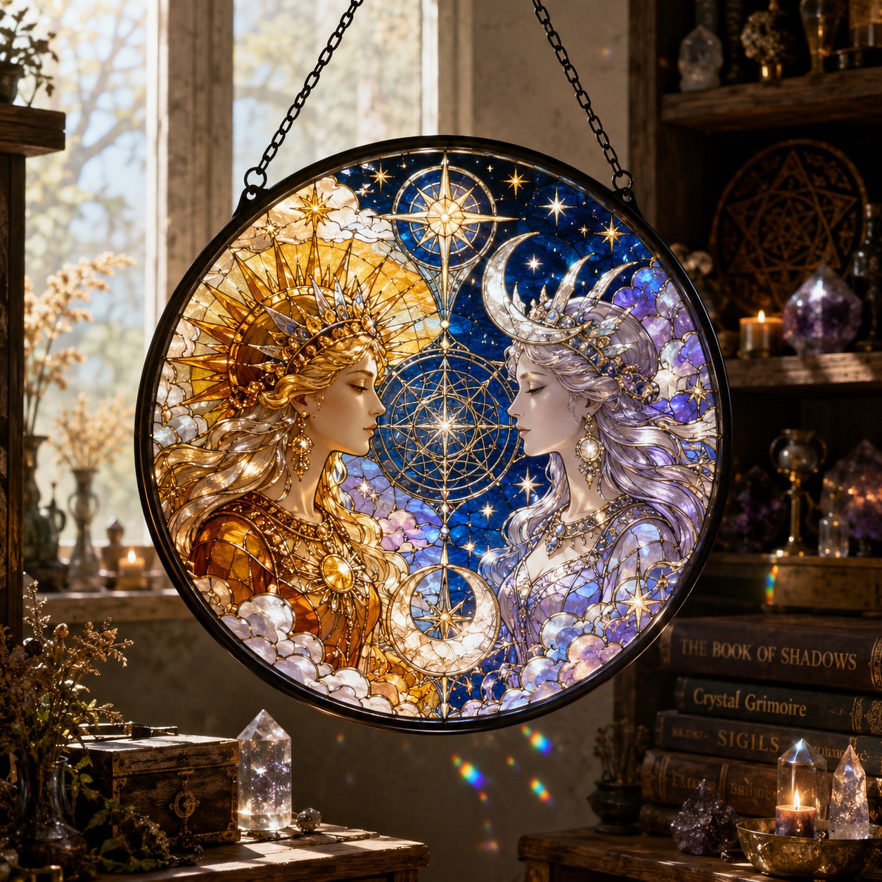 Sun and Moon Goddess Glass Suncatcher - window display