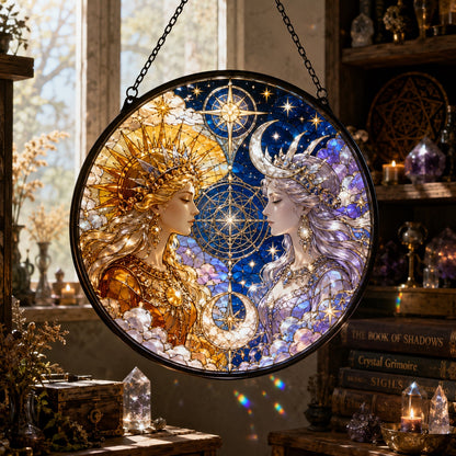 Sun and Moon Goddess Glass Suncatcher - window display
