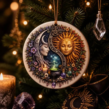 Sun and Moon Goddess Wicca Yule Ceramic Ornament – Celestial Christmas Ornament_mockup_1.webp