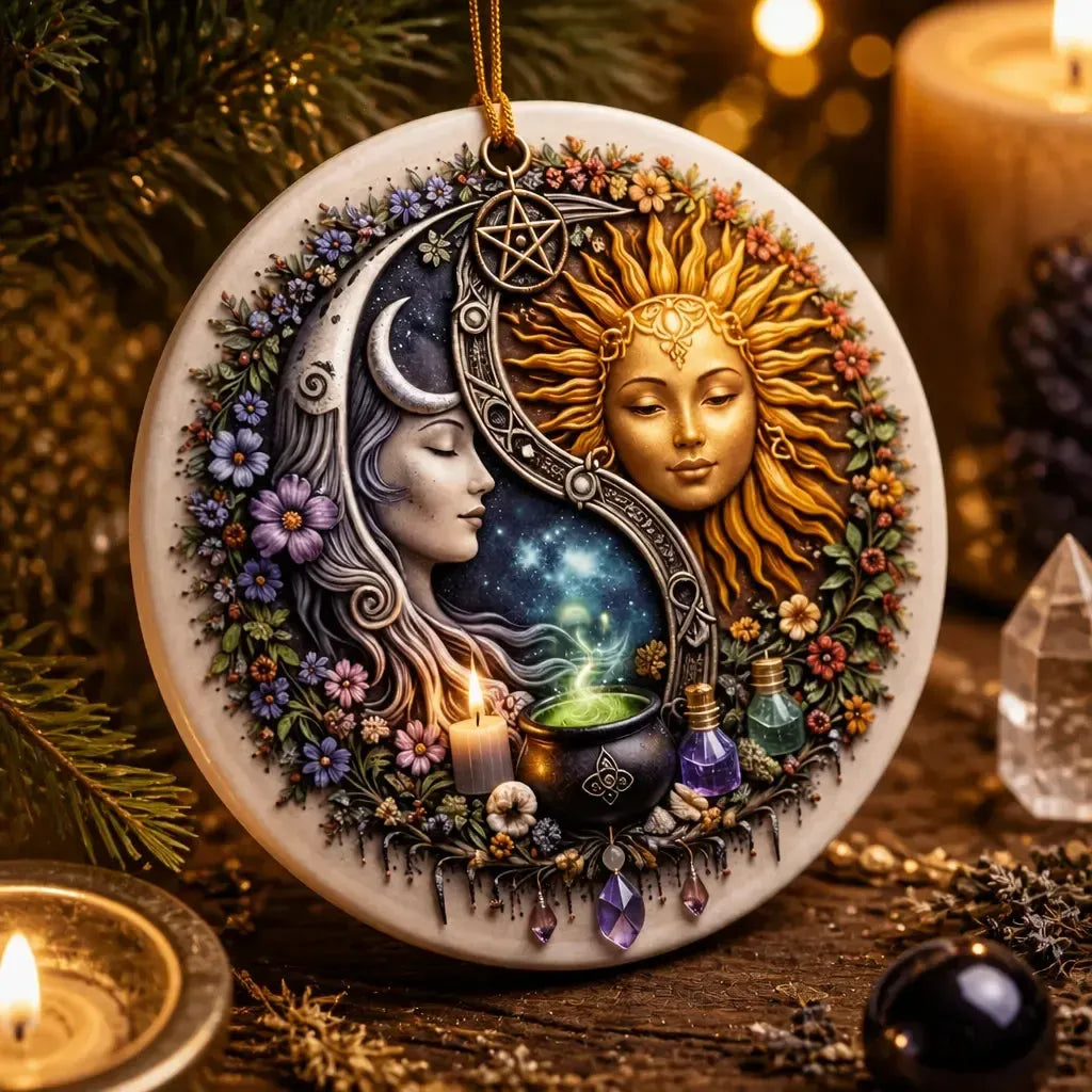 Sun and Moon Goddess Wicca Yule Ceramic Ornament – Celestial Christmas Ornament_mockup_2.webp