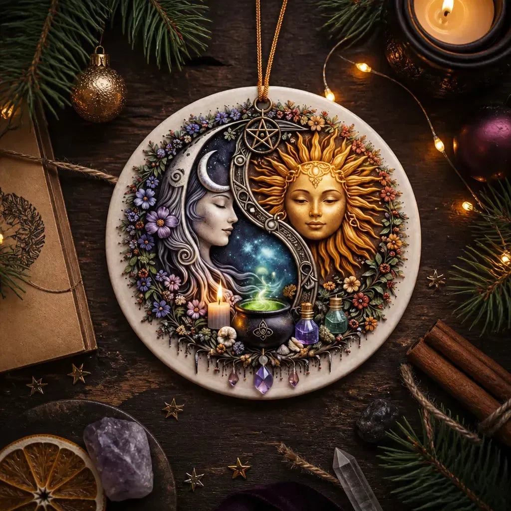 Sun and Moon Goddess Wicca Yule Ceramic Ornament – Celestial Christmas Ornament_mockup_3.webp